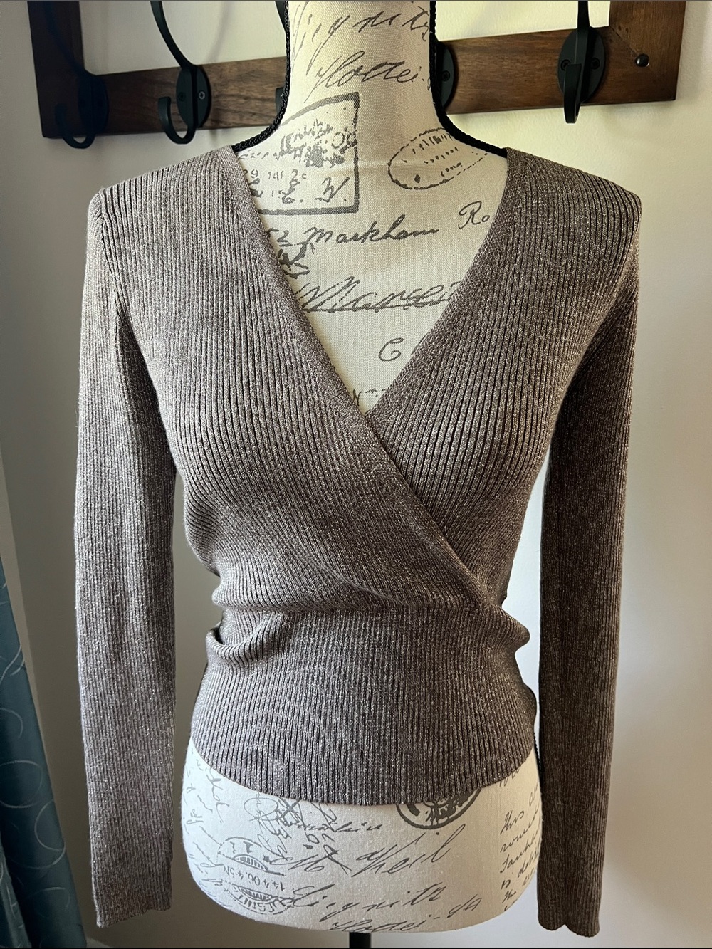 Pink Rose Taupe Ribbed Wrap V-Neck Sweater